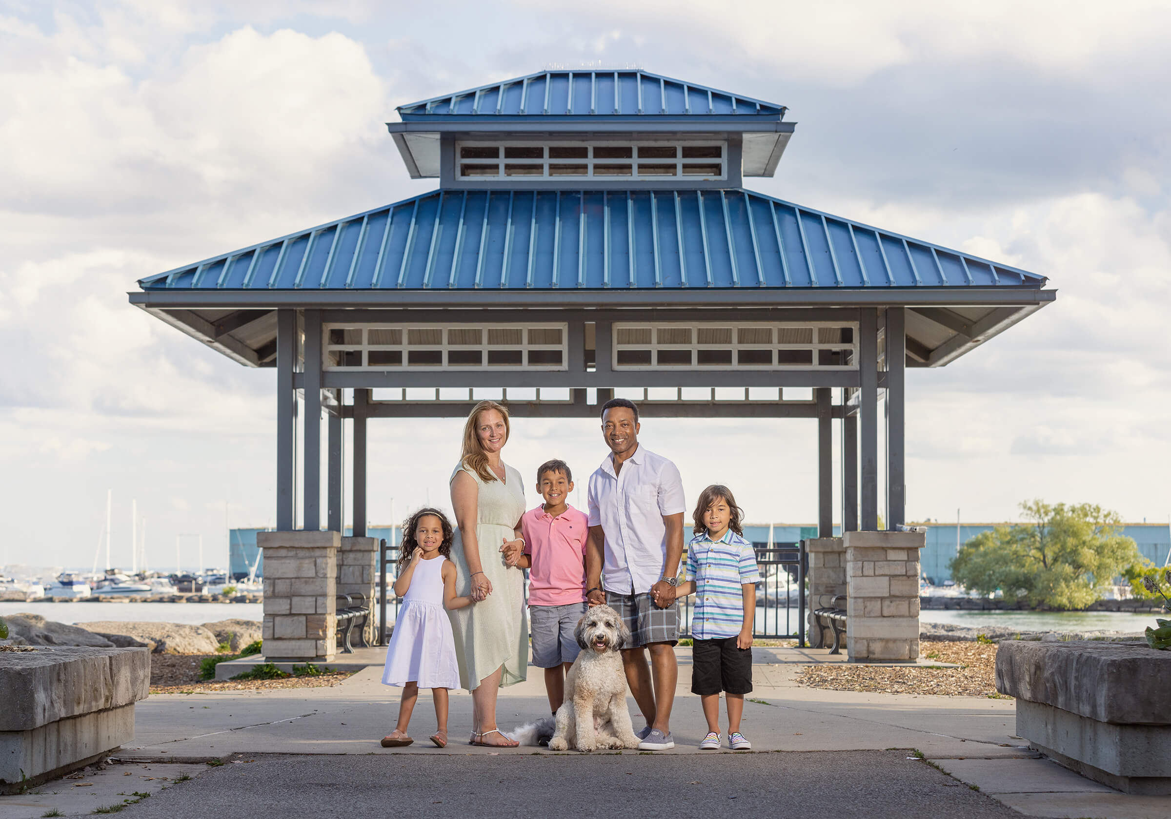 Family with dog photographed in Port Credit, Mississauga