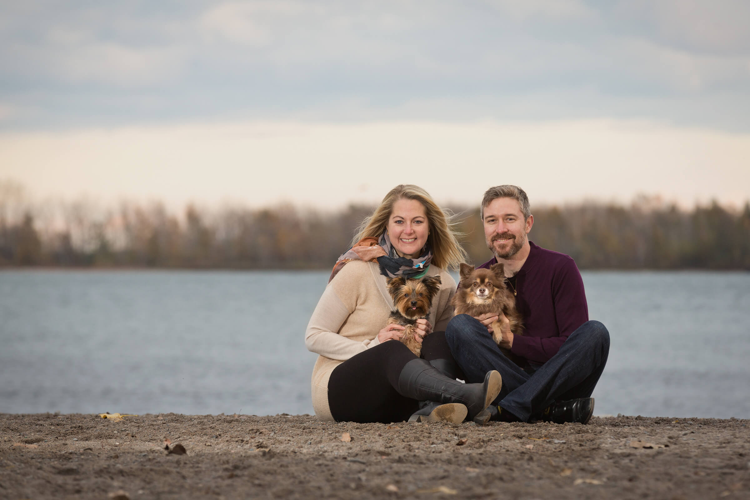 couple and 2 dogs photographed at cherry beach