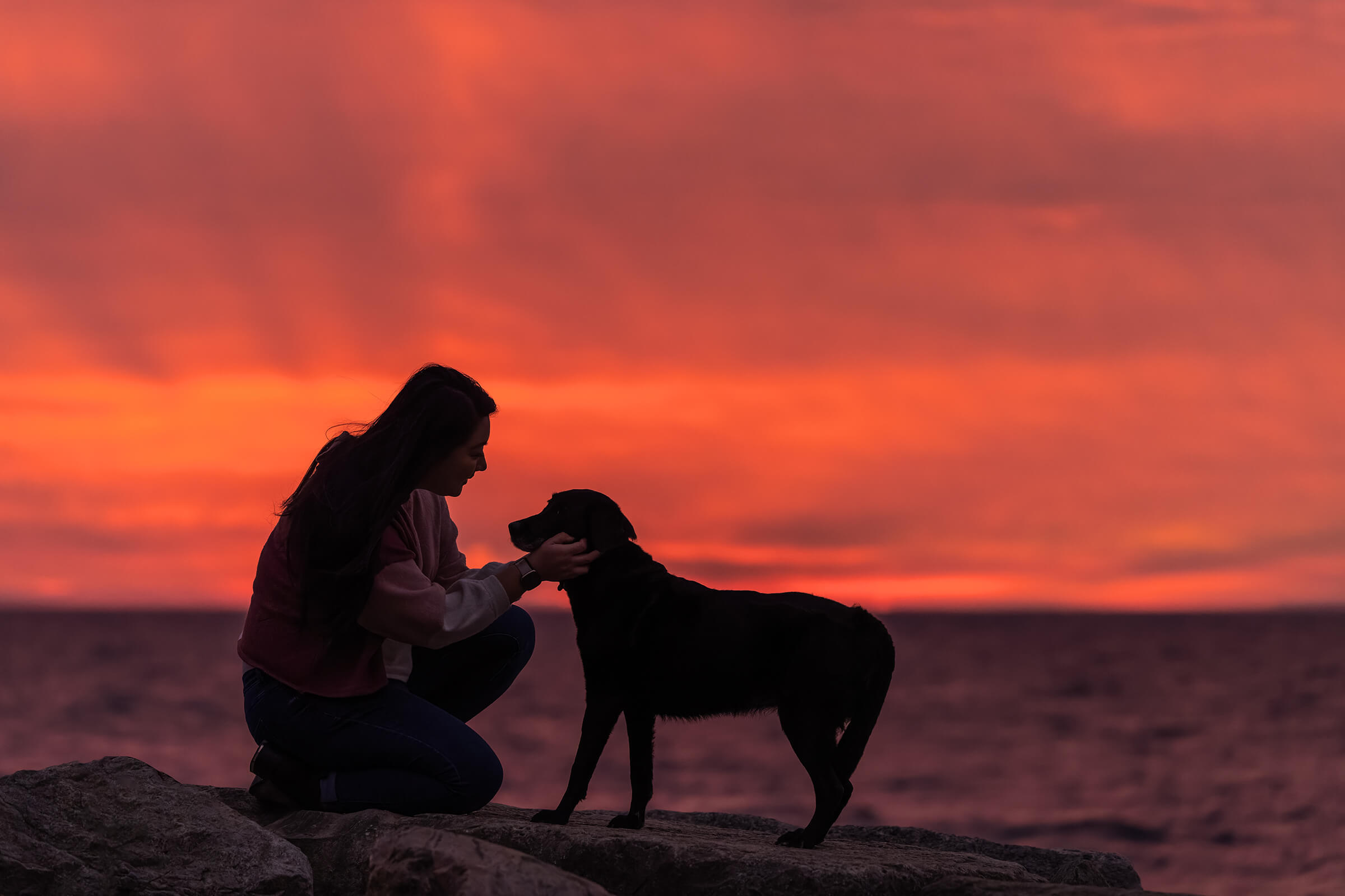 girl and her dog at sunrise.