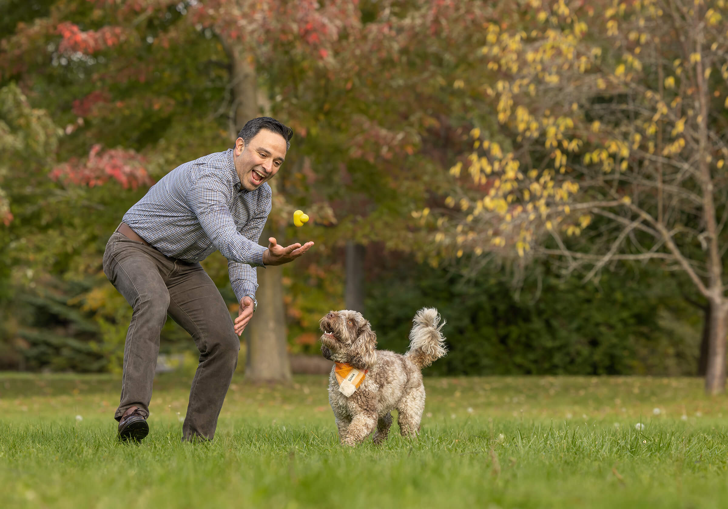 man and dog playing ball in Guelph Arboretum