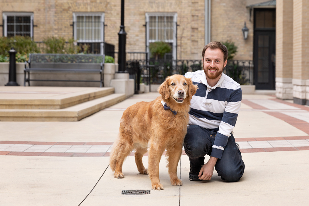 golden retriever in office courtyard