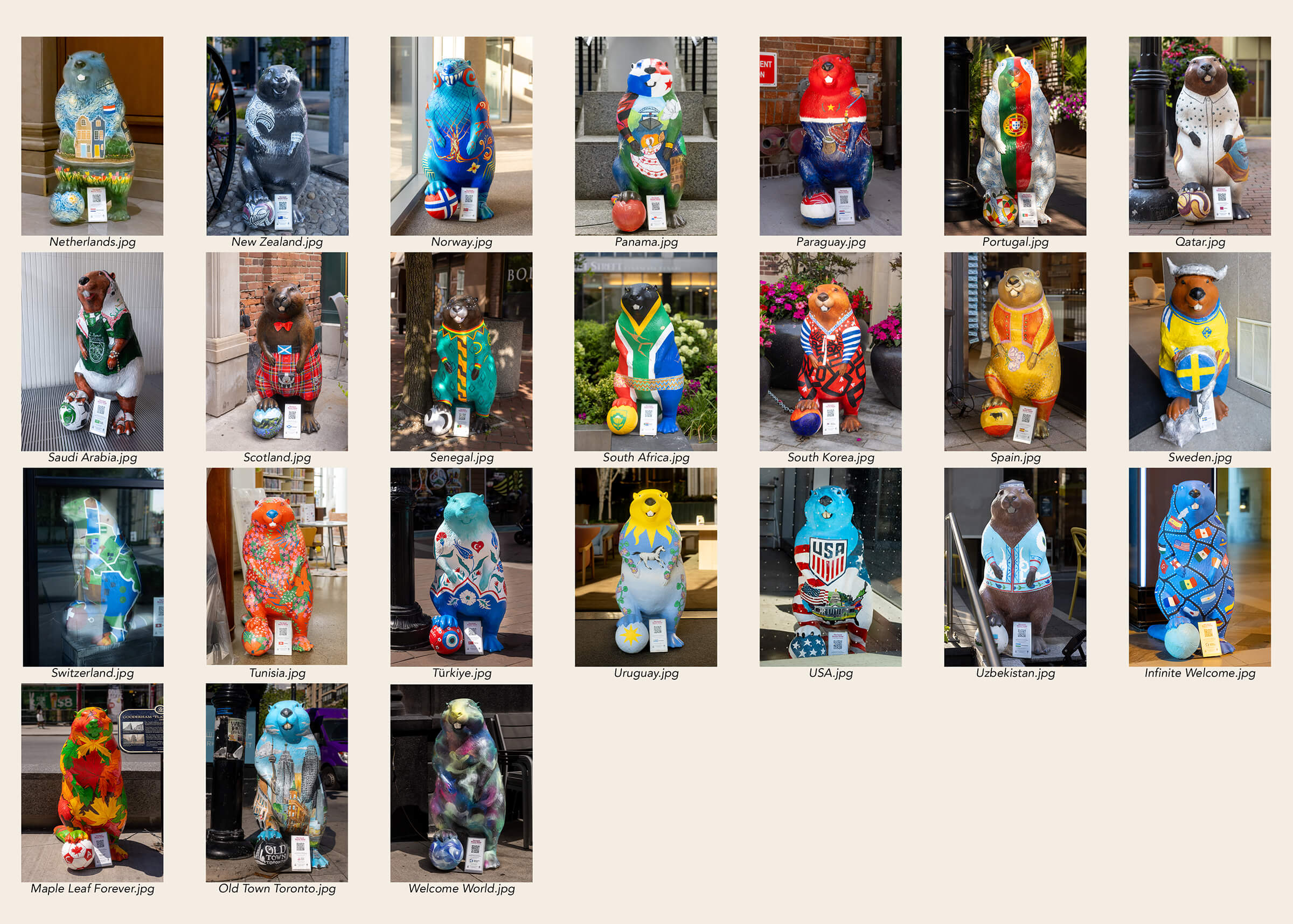 Collage of all 54 hand-painted beaver statues from Toronto's Great Beaver Quest, photographed by Posh Pets® Photography.