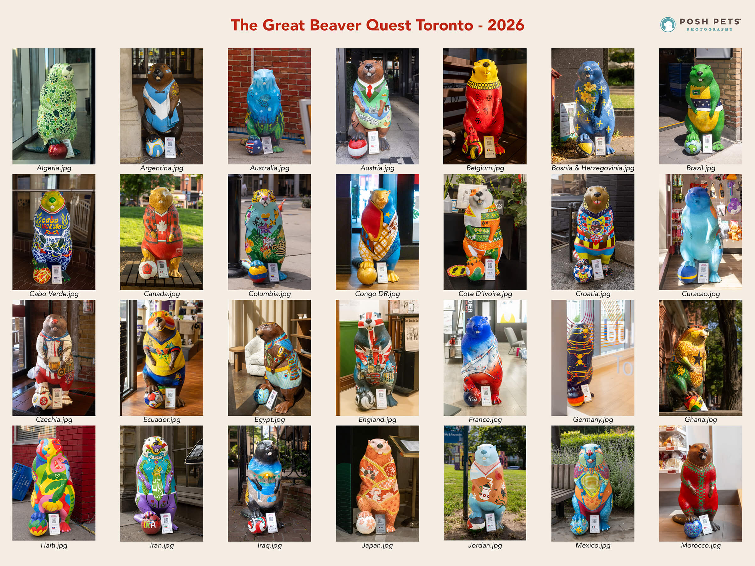 Collage of all 54 hand-painted beaver statues from Toronto's Great Beaver Quest, photographed by Posh Pets® Photography.
