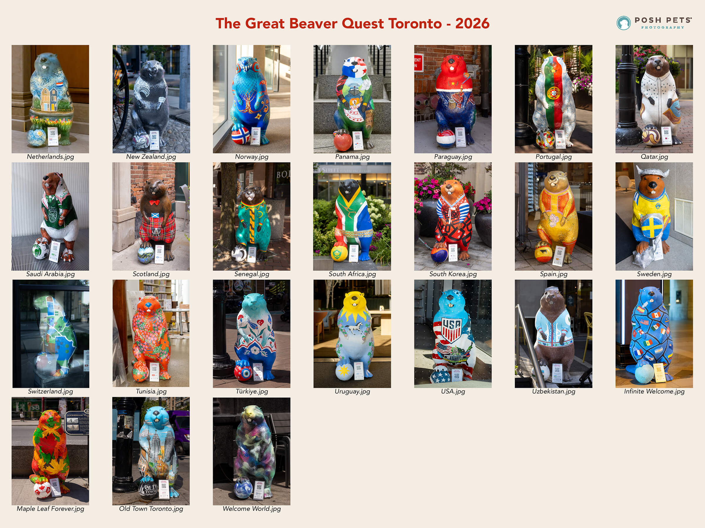 Collage of all 54 hand-painted beaver statues from Toronto's Great Beaver Quest, photographed by Posh Pets® Photography.