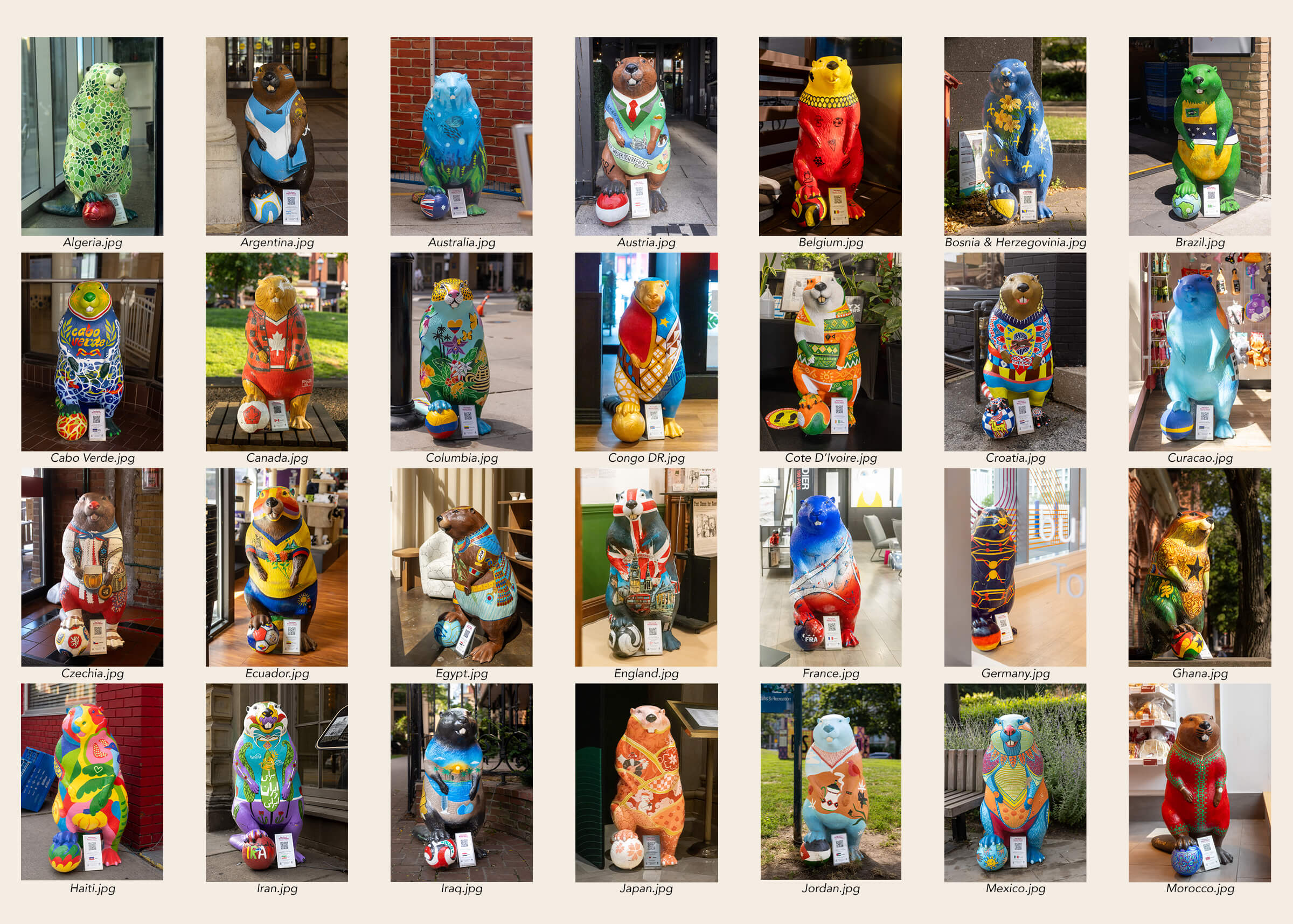 Collage of all 54 hand-painted beaver statues from Toronto's Great Beaver Quest, photographed by Posh Pets® Photography.